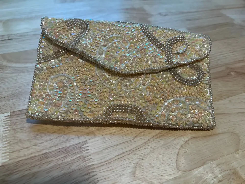 Vintage Clutch Envelope Wallet Hand Beaded Hong Kong Gold 8